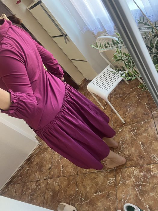Fioletowa sukienka M midi elegancka koszulowa
