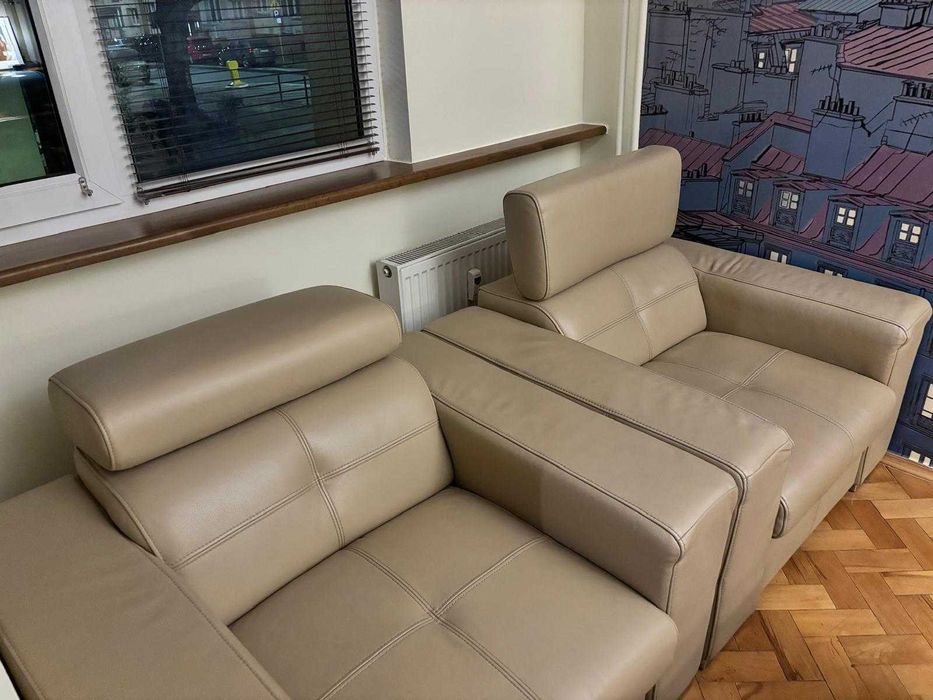 Dwa fotele skórzane z regulowanym zagłówkiem, stan idealny