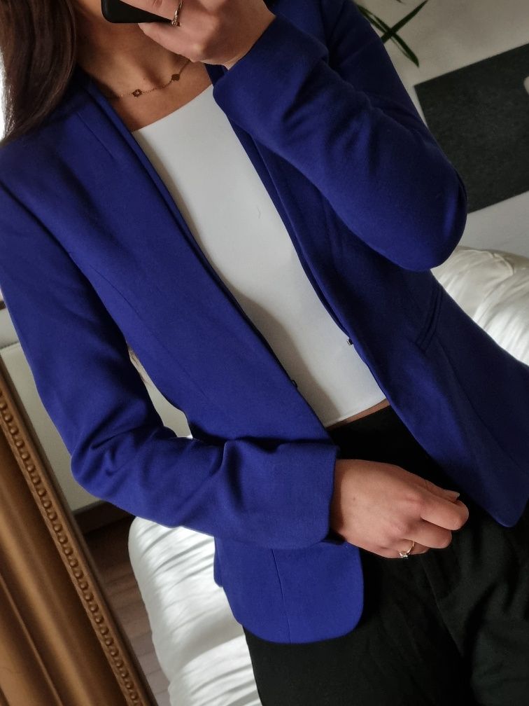 Chabrowy żakiet marynarka H&M r. S, szerokość od pachy do pachy ok. 42