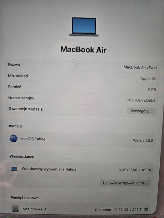 MacBook Air 13,3" z procesorem M1, 8GB RAM, 256GB SSD w stanie idealny