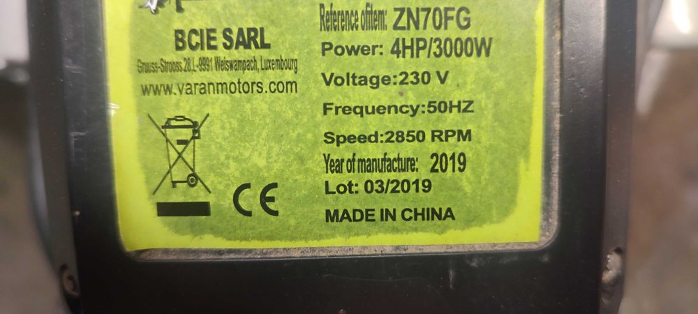 Silnik elektryczny jednofazowy 3000W ,2850 RPM -230V