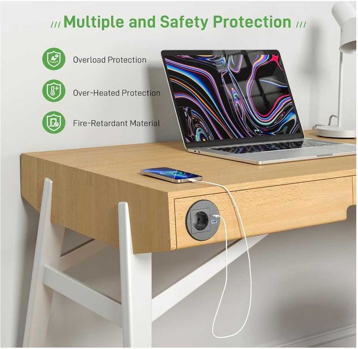 Wpuszczane gniazdko z USB-C PD20W, otwór 80 mm, kabel 2 m, czarne