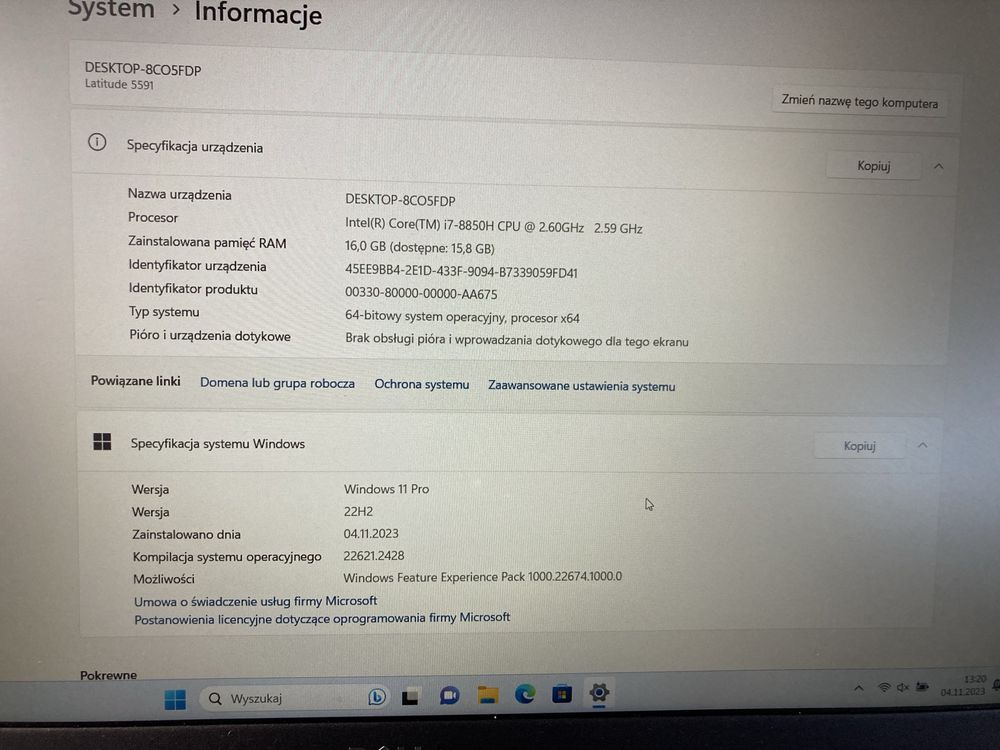 Laptop Dell Latitude 5591 7, i7,16GB, HDMI, modem LTE, czytnik linni p