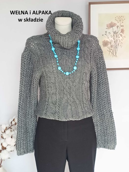 Szary sweter golf gruby warkocz wełna alpaka Made in Italy 42 XL