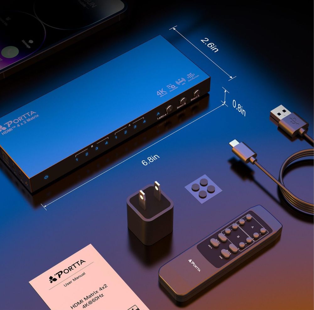 PORTTA przełącznik 4K 60Hz HDMI Matrix 4x2