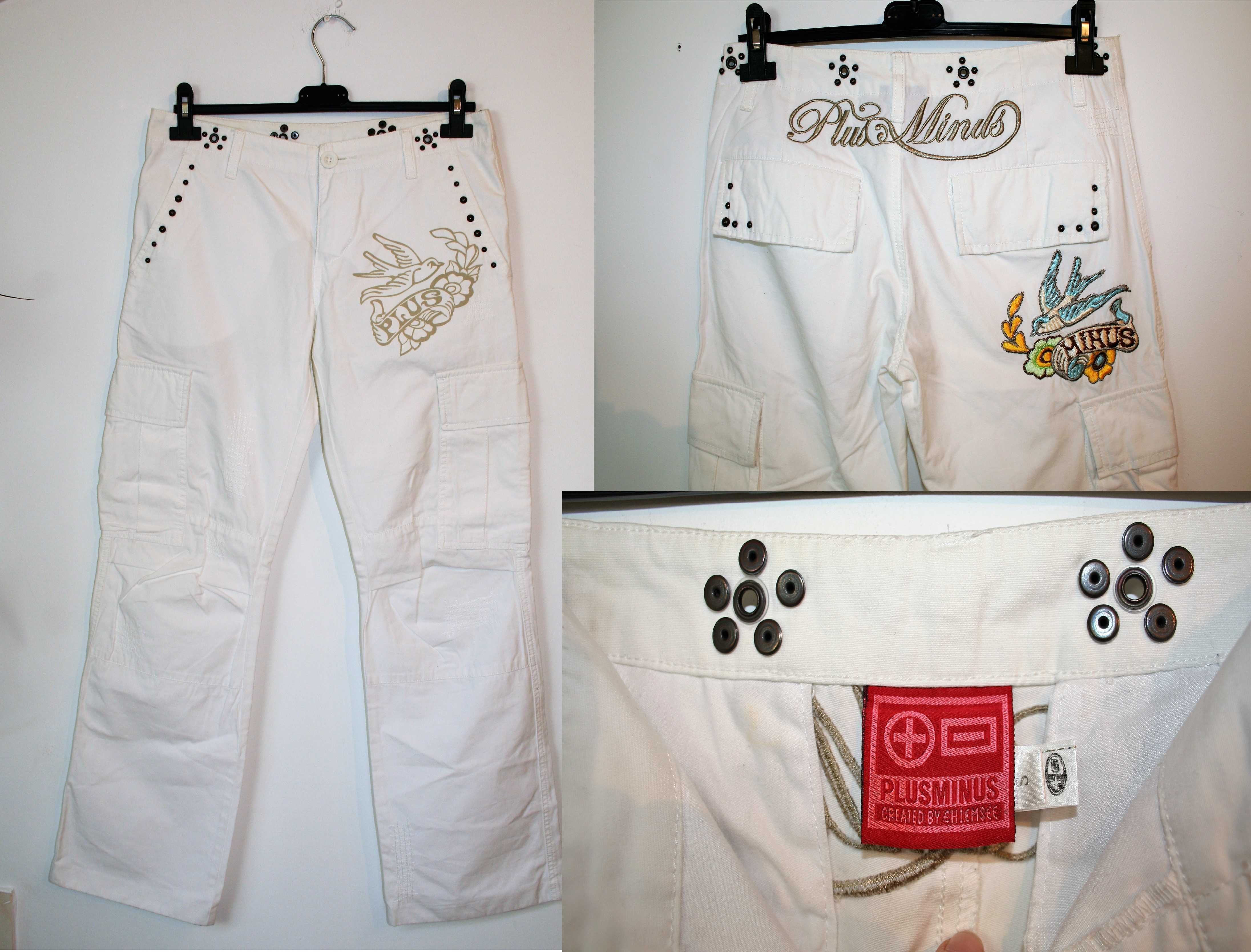 Białe spodnie damskie /PLUSMINUS/spodnie haftowane /bawełna rz: S