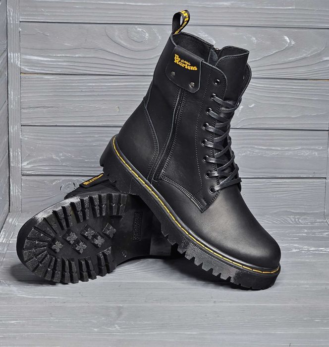 Зимние кожаные мужские черные высокие ботинки Martens Мартинс змейка