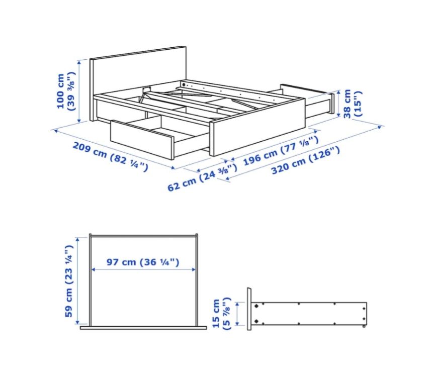 Łóżko Malm, IKEA 180x200, ze stelażem i szufladami