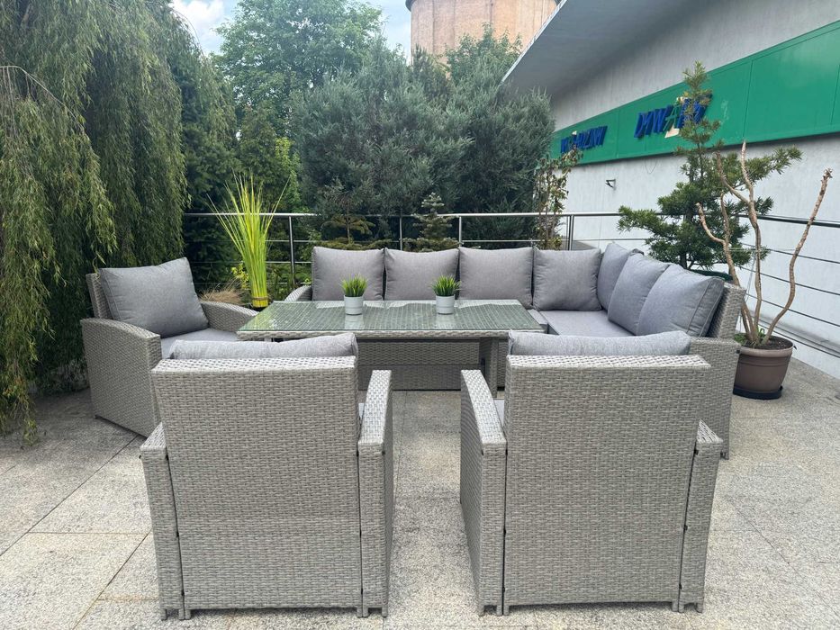 Zestaw Ogrodowy Technorattanowy Szary Duży Wypoczynek Na 9 Osób