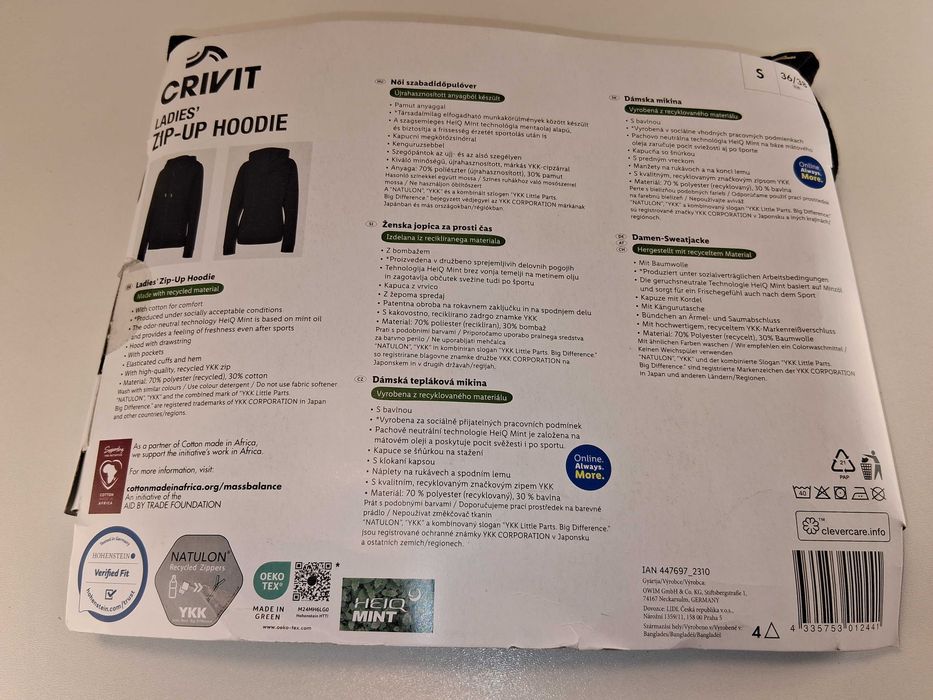 A148 Crivit Basic Damska Bluza Rozpinana Kaptur S 36/38