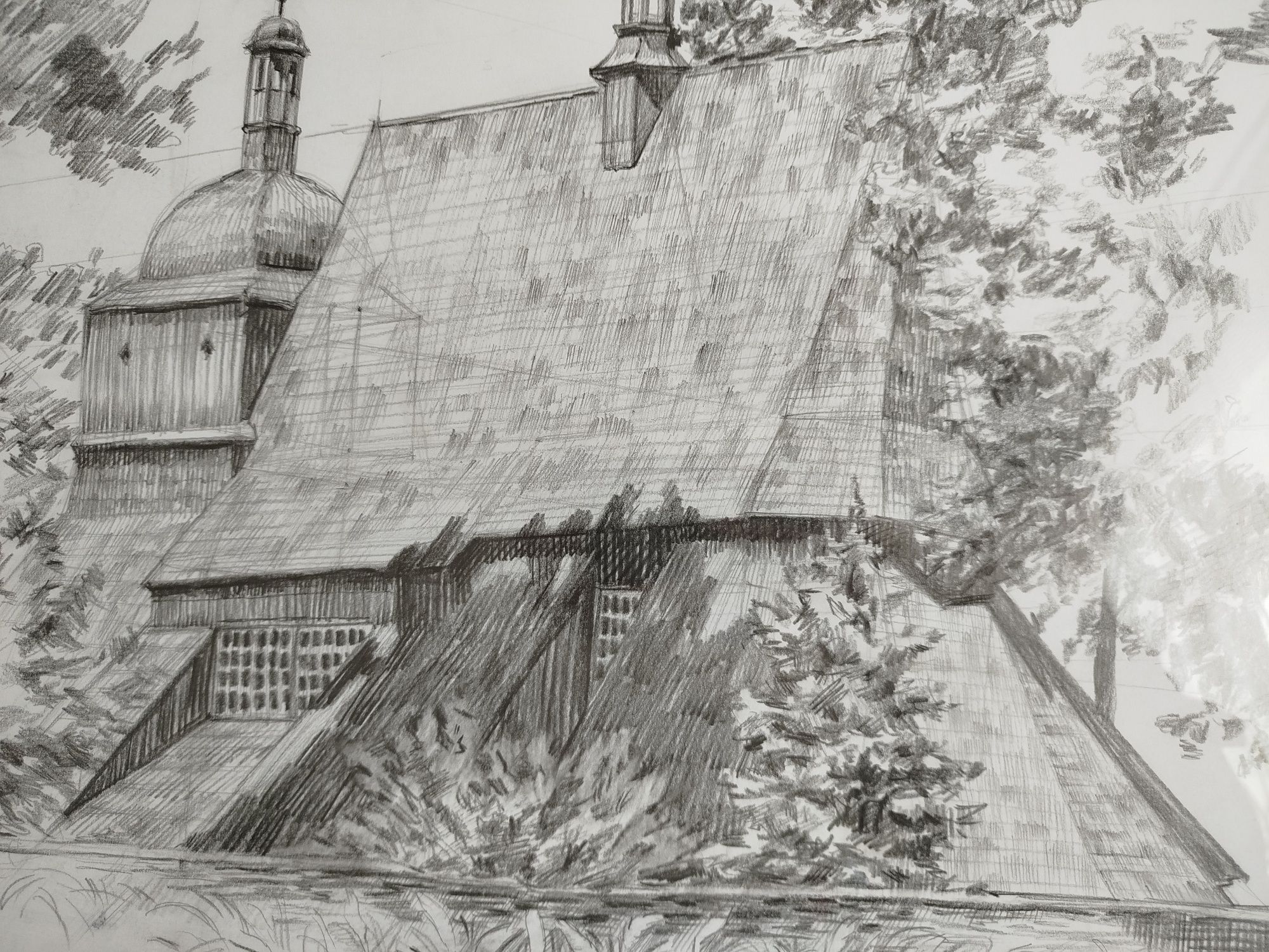 "Drewniany kościół" Rysunek architektoniczny ołówkiem, obraz
