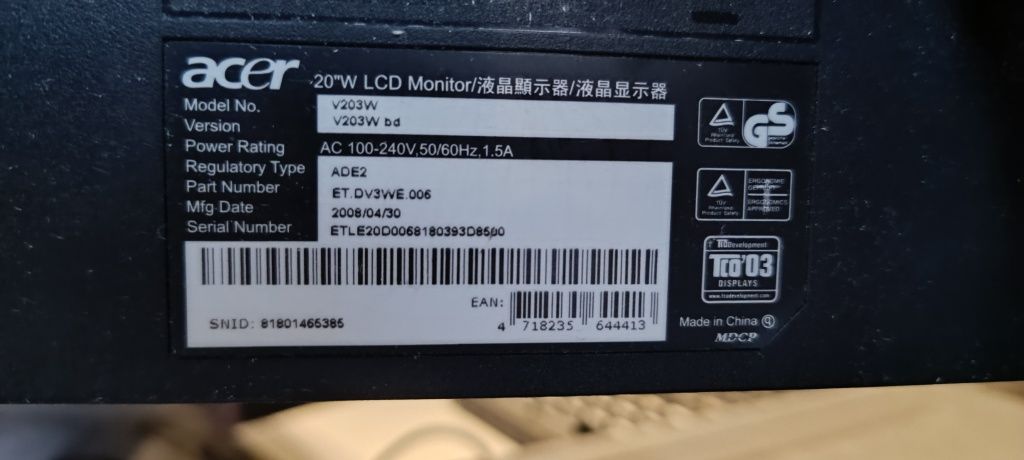 Acer V203W bmd монітор для ПК 50,8 см (20") 1680 x 1050 пікселів Чорни