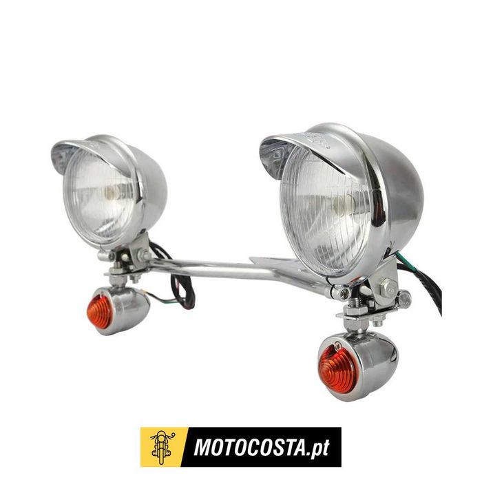 Conjunto farol frontal piscas integrados 12V - Suporte universal