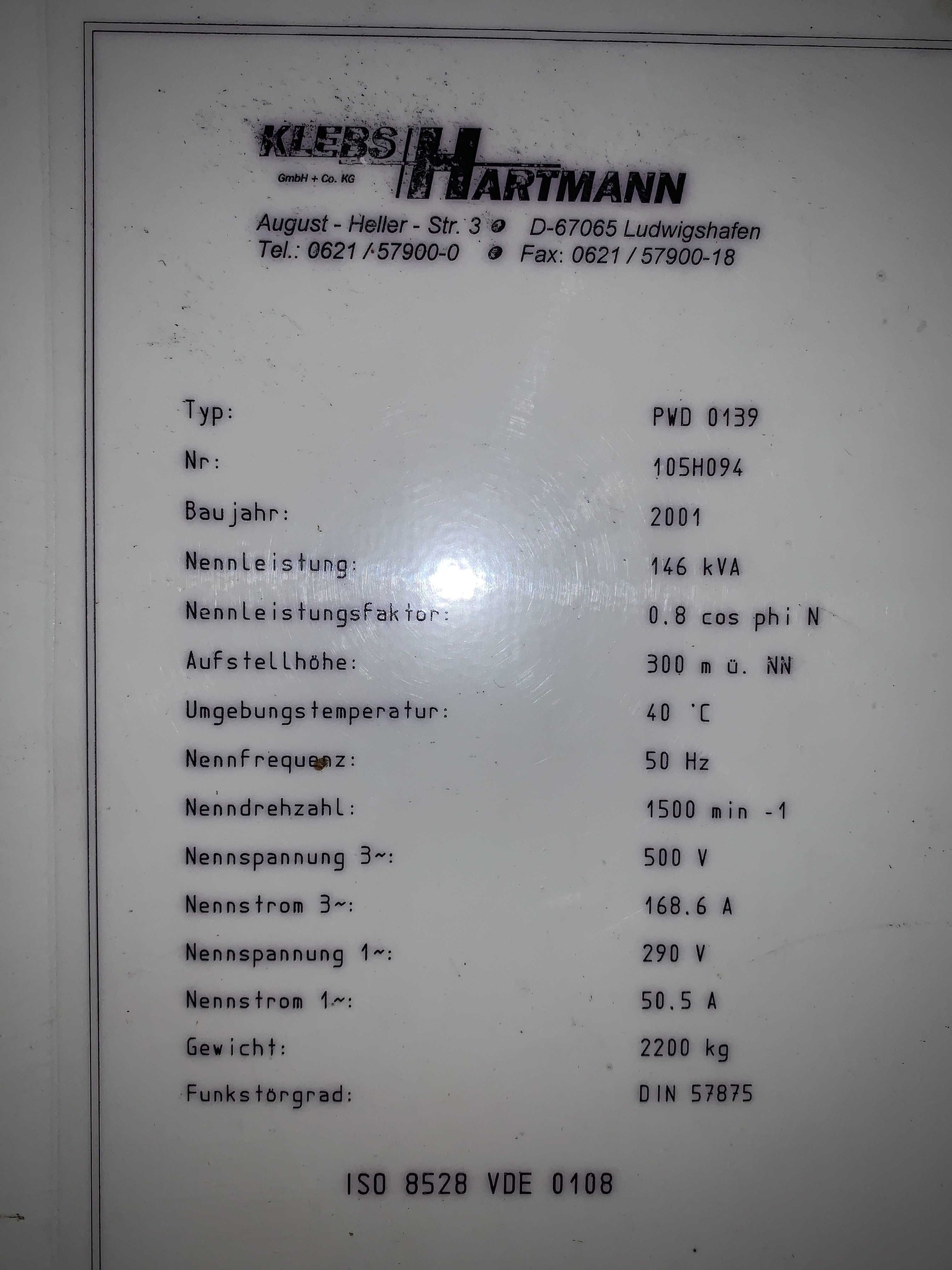 Agregat prądotwórczy KLEBS+ HARTMANN 146 kVA / 500 Volt Stromgenerator