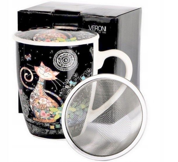 oryginalny kubek zaparzacz z pokrywką kot porcelana 360ml