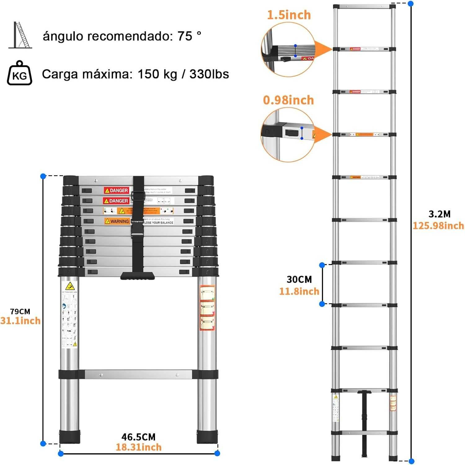 Escada telescópica 3,2 metros aço inoxidável - NOVO - ENVIO GRÁTIS