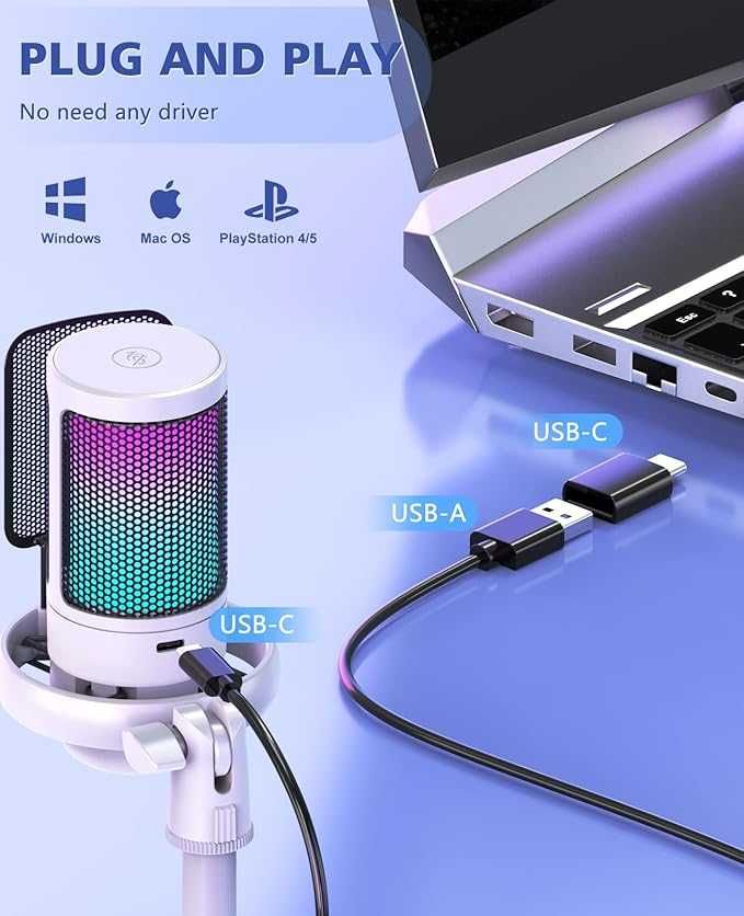 NJSJ Mikrofon komputerowy, gamingowy USB do PC, PS4, PS5, Mac, tel.