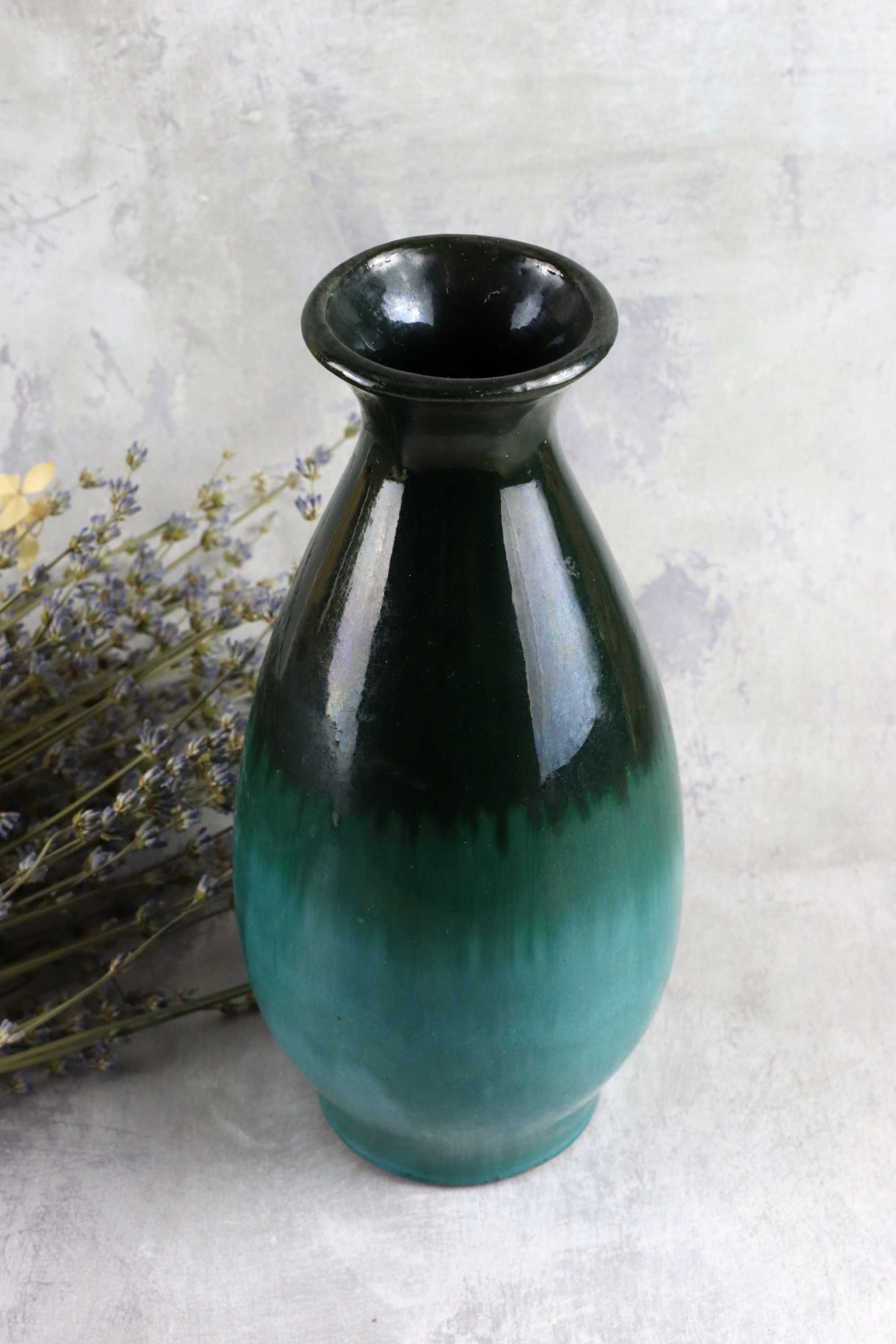 Ceramiczny wazon zielono-turkusowy Łysa Góra kamionka ceramika prl