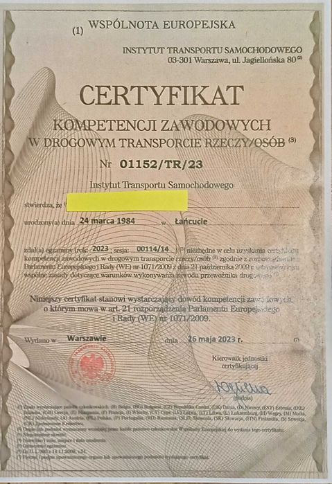 Certyfikat kompetencji zawodowych przewoźnika