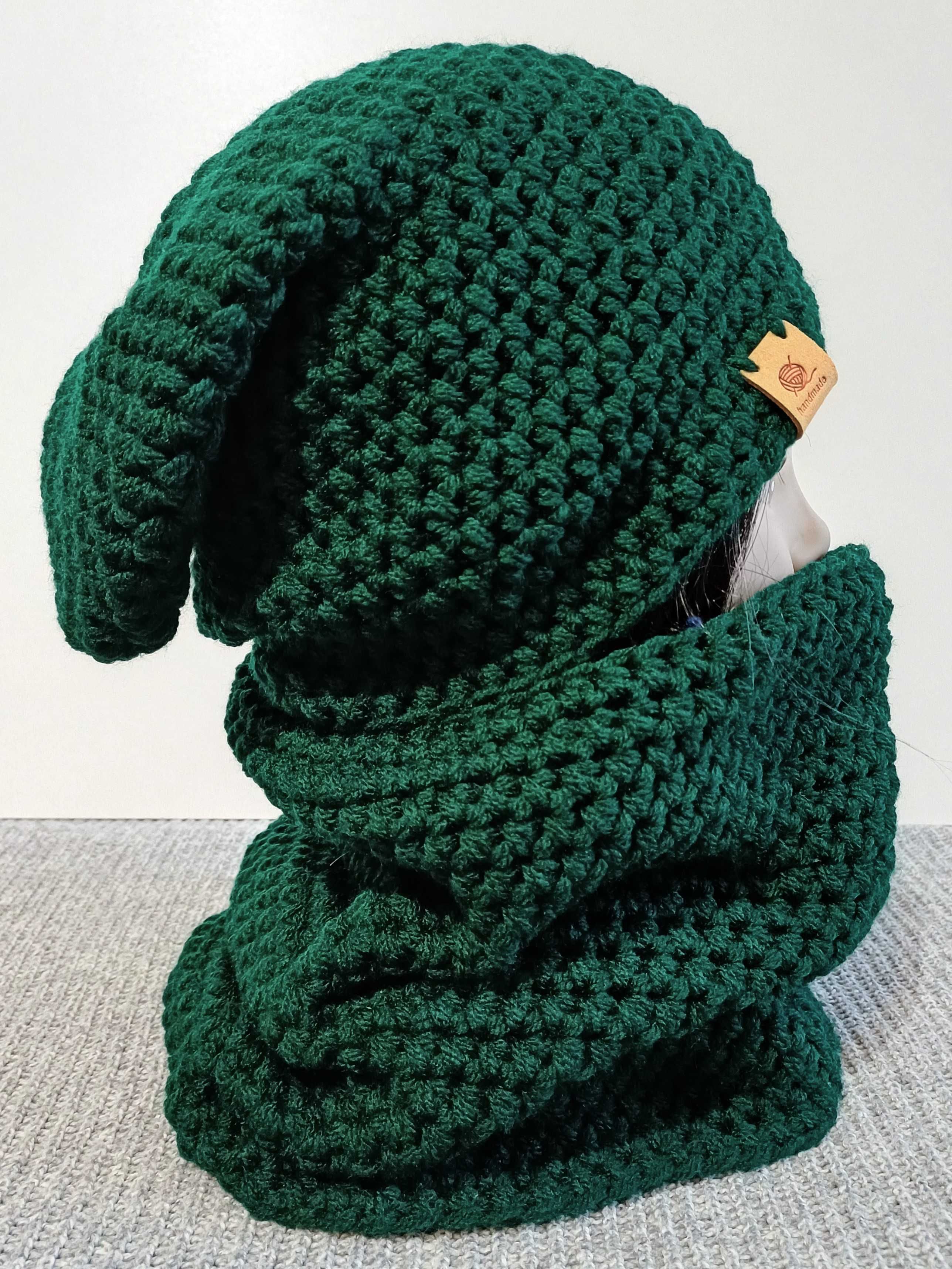 Ciemnozielony zestaw czapka smerfetka z kominem handmade