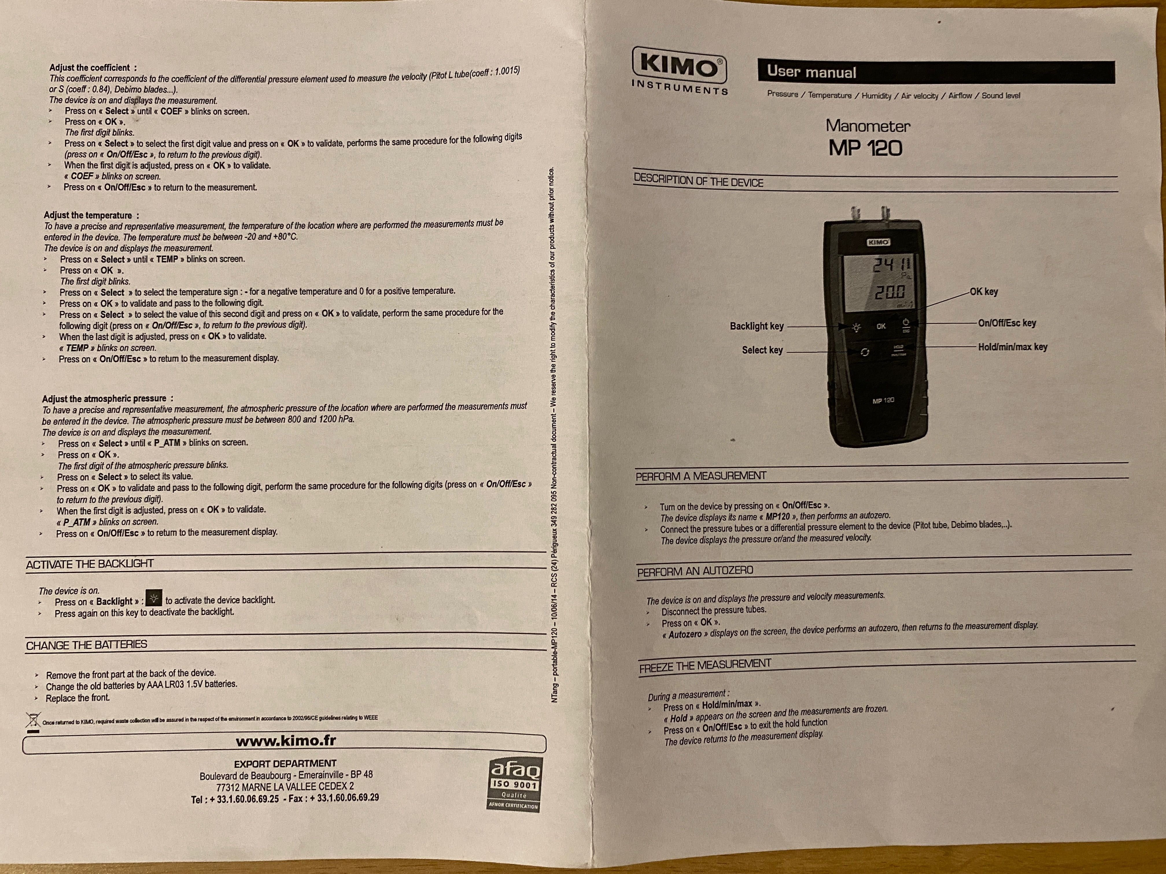 Sauermann KIMO MO 120 Micromanometr z Anemometer