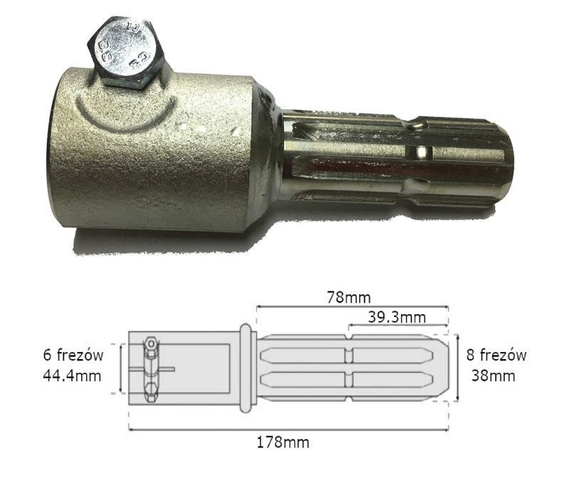 Adapter redukcja wałka WOM 6 frezów 44,4mm / 8 frezów 38mm