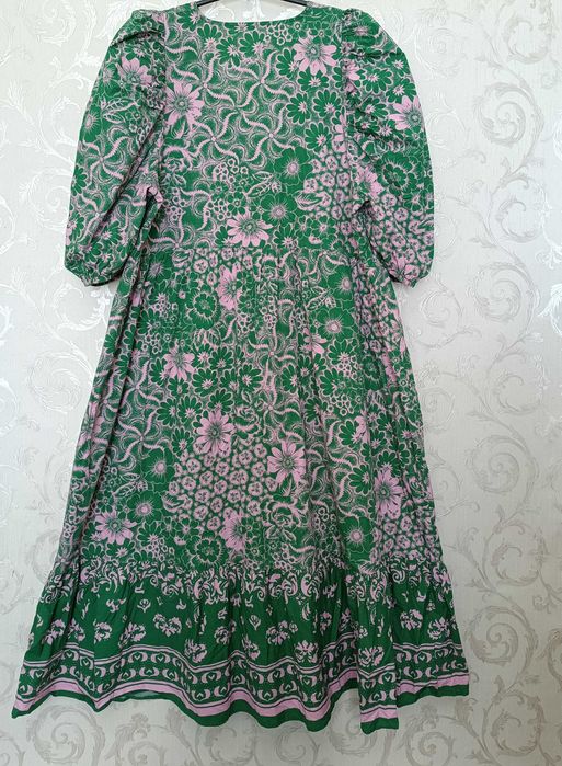 євро 46 / 50-52-54 довга сукня зелена в рожевих квітах бавовна платье
