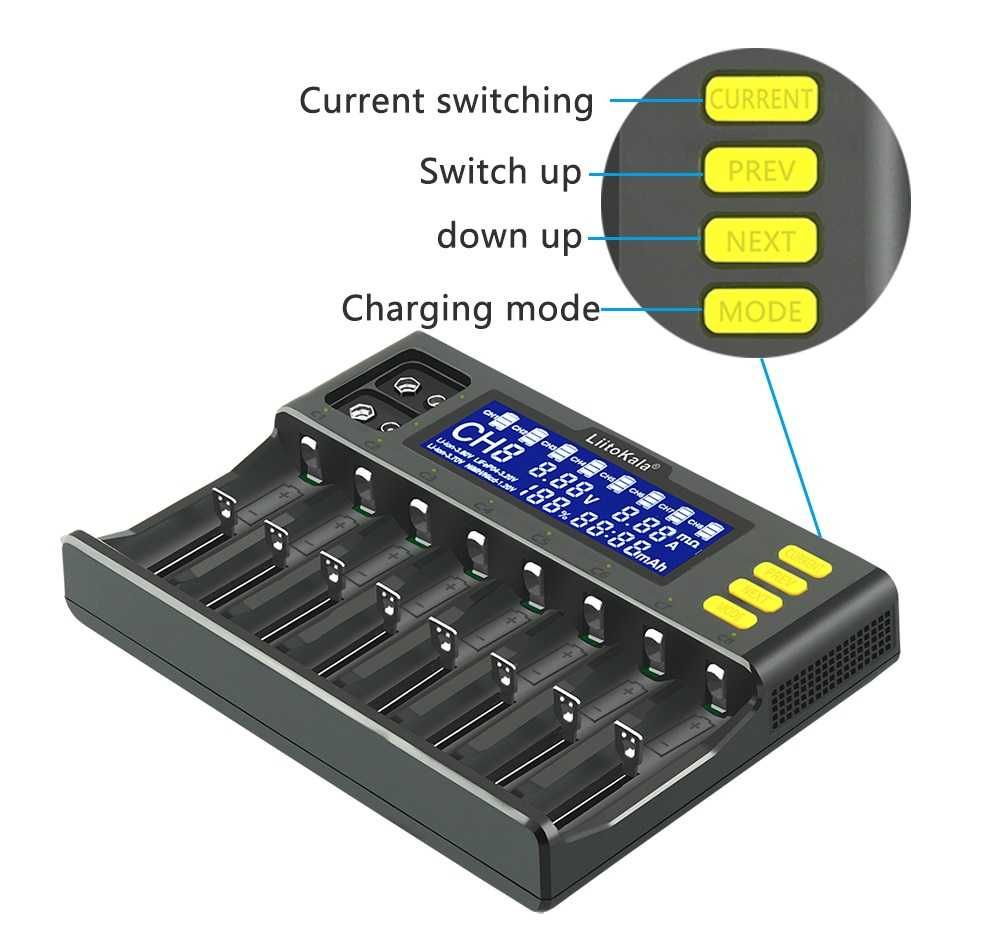 Carregador de pilhas/baterias LiitoKala LII-S8 com 8 slots  NOVO
