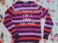 Sweter swetr r L M H&M wełniany merino 100% termiczny damski lub męski