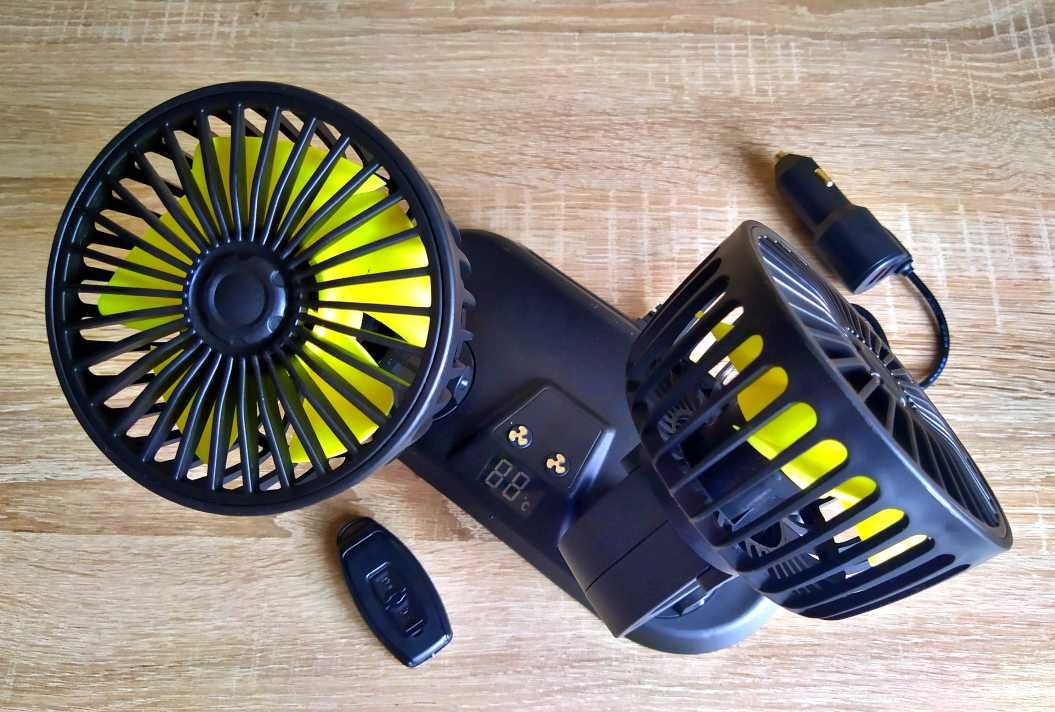 Вентилятор в авто подвійний 12V 24V з пультом градусником 2 швидкості