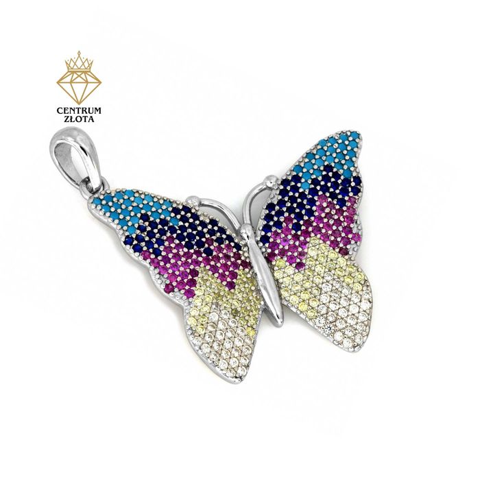 Zjawiskowa SREBRNA zawieszka MOTYL kolorowe cyrkonie PRÓBA 925