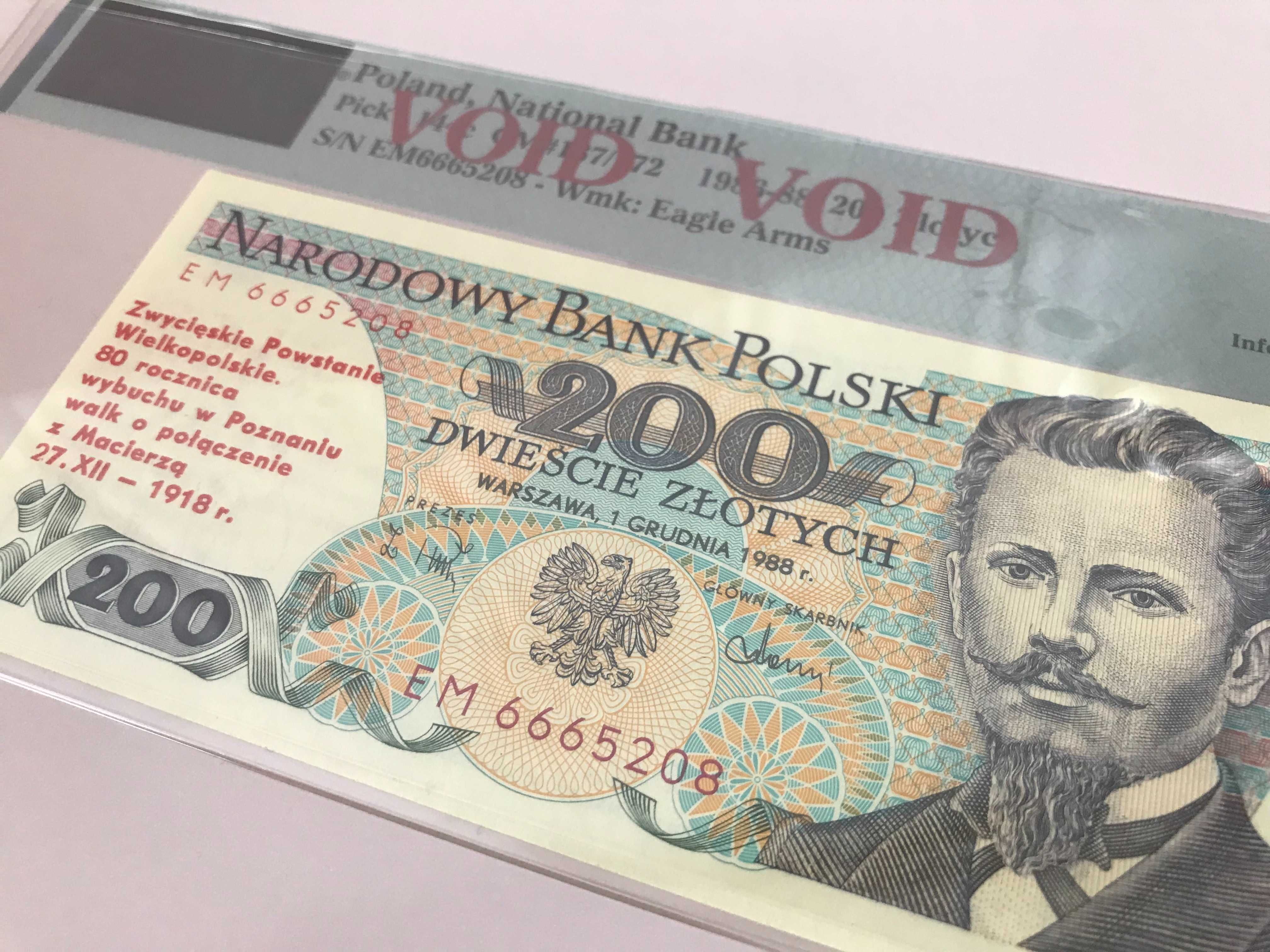 Banknot 200 zł z nadrukiem Powstanie Wielkop. 1988 rok, PMG VOID - UNC