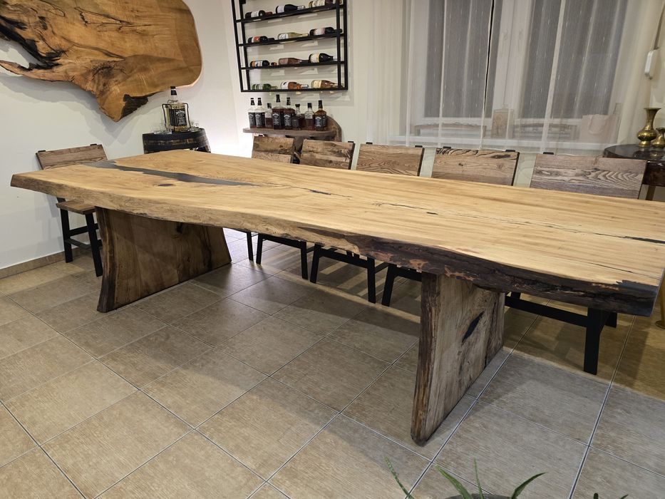 Stół drewniany z naturalna krawędzią nogi drewniane 320x120 dębowy