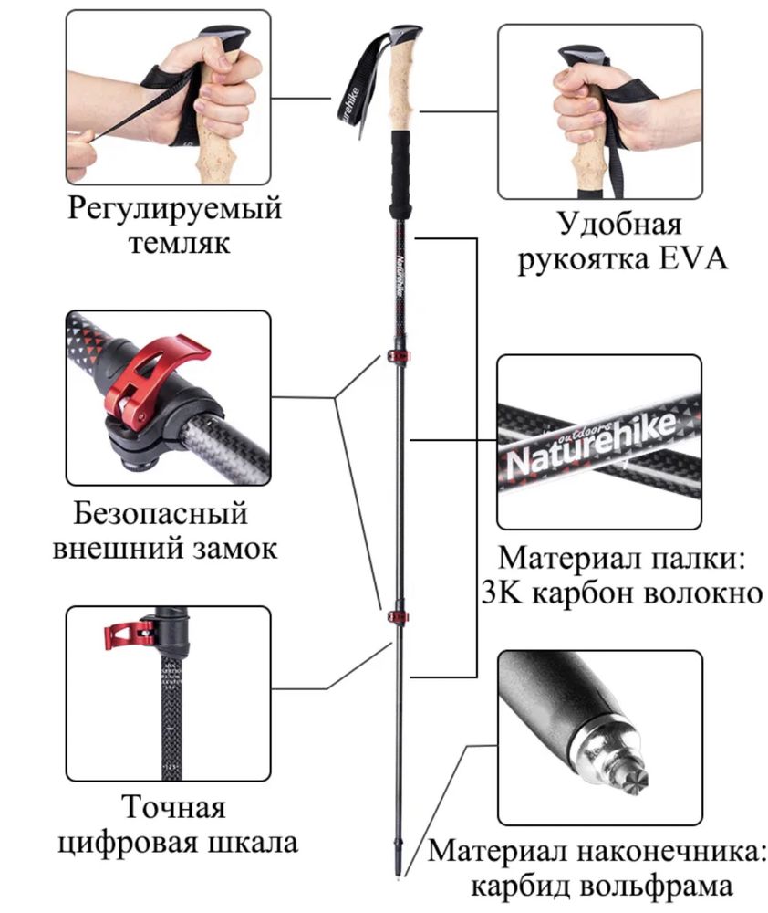 Трекинговые палки Карбон Naturehike 3 секции Скандинавская ходьба