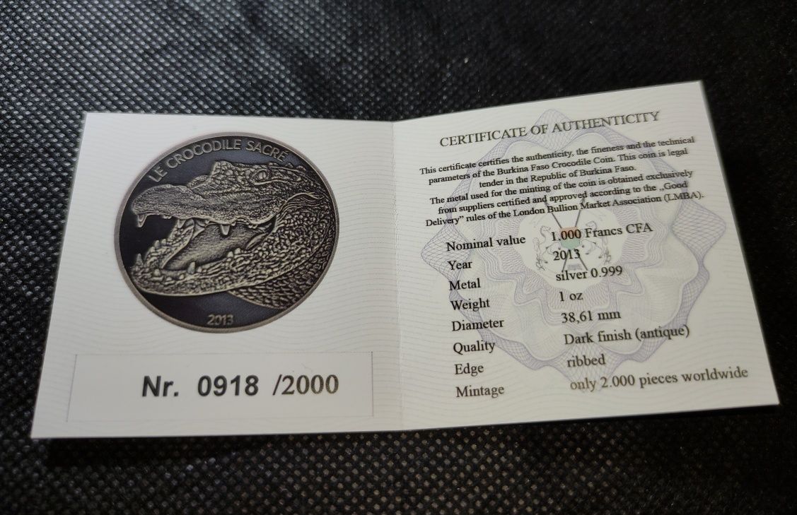 Серебряная монета священный крокодил 1000 франков 2013 Буркина Фасо