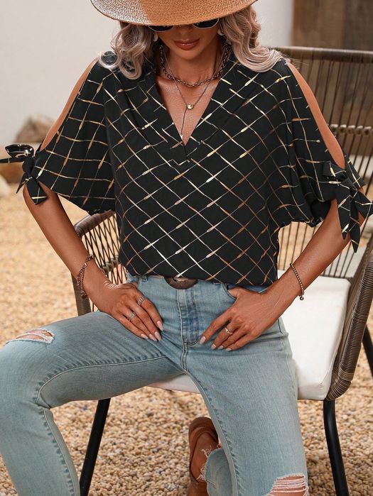 Bluzka Argyle Z Wyciętymi Ramionami Czarno-Złota Casual Shein S 36