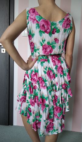 Romantyczna sukienka z falbanami, z paskiem, roz. M, midi, retro styl