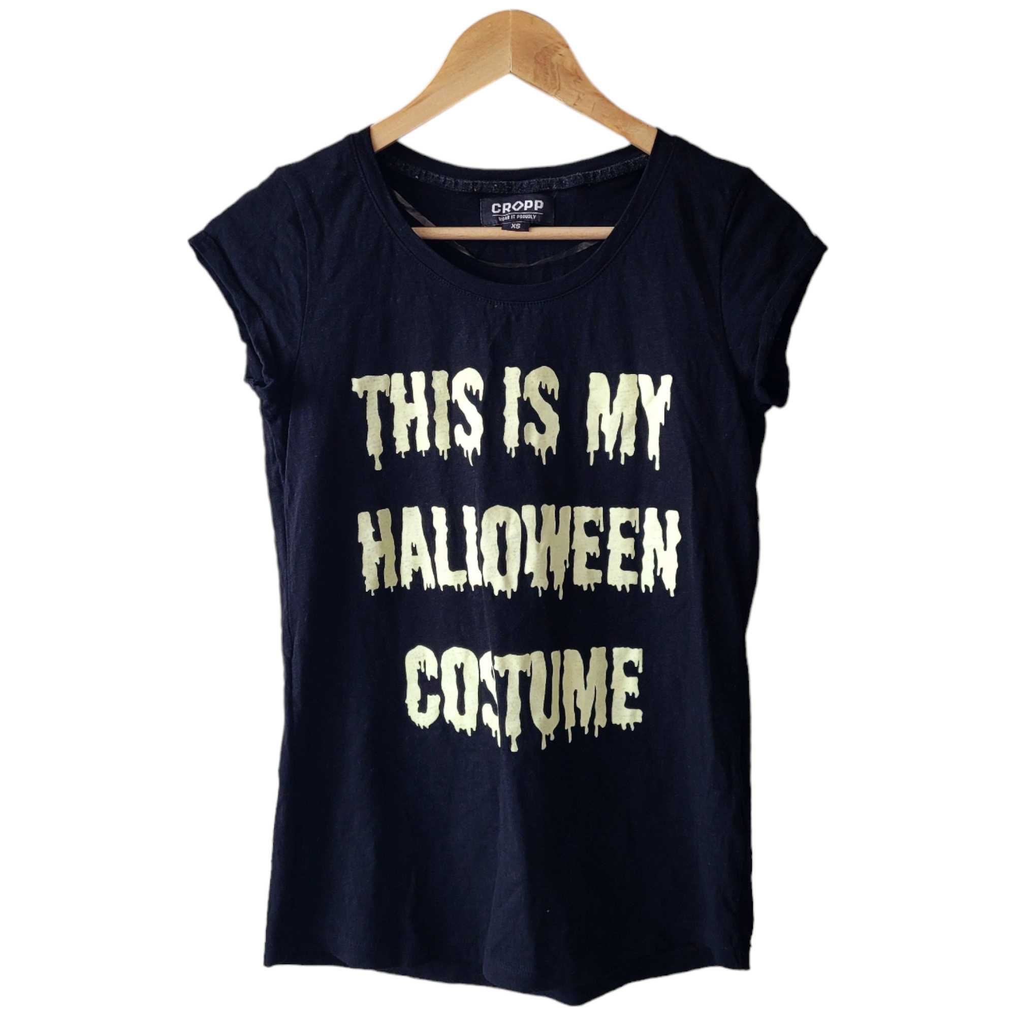 Czarny bawełniany t-shirt damski XS fluorescencyjny napis halloween