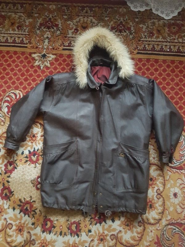 Kurtka plaszcz skora brazowa braz kaptur futerko vintage 90s 80s parka