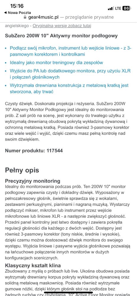 Monitor podłogowy odsłuch Sub Zero
