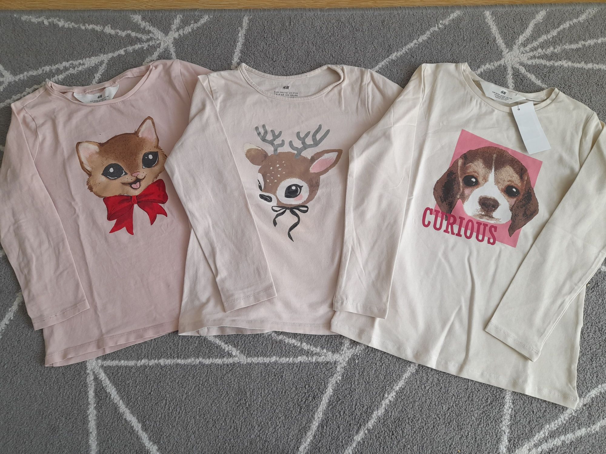 3x Bluzka H&M 110/116, piesek, kotek, jelonek