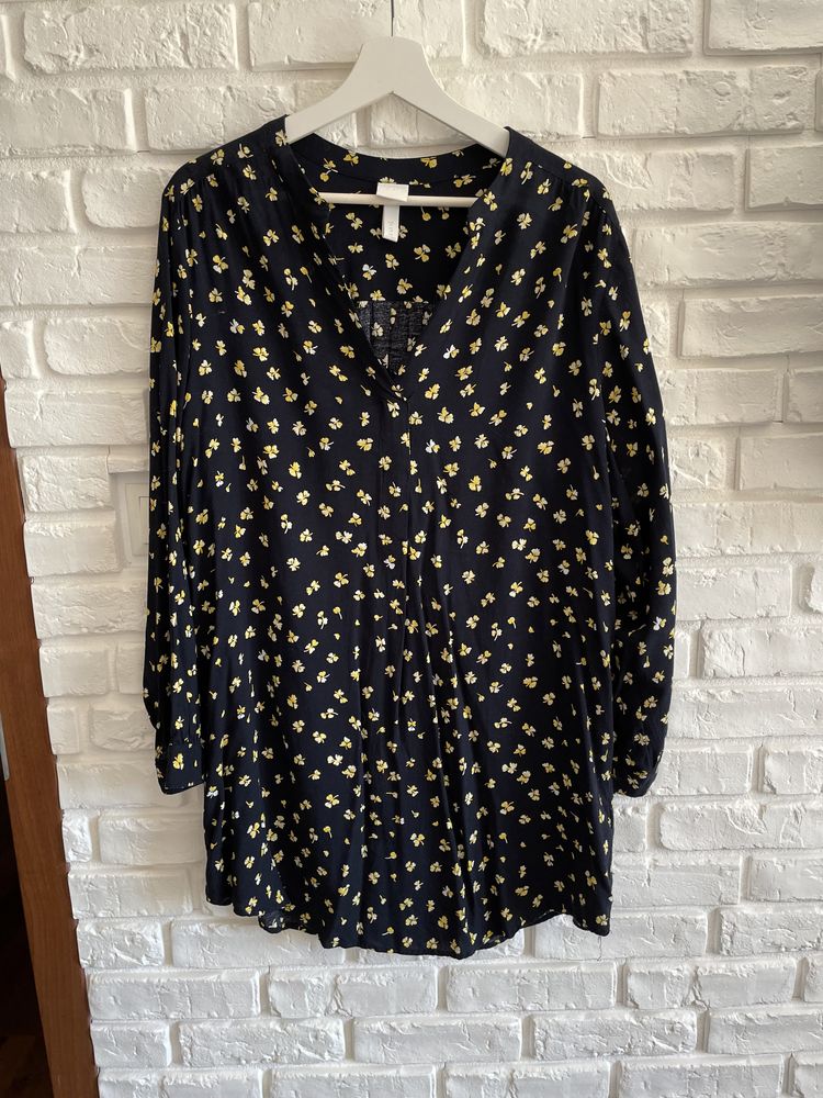 Granatowa sukienka mini w żółte kwiaty h&m oversize 38 M (40 L 42 XL)