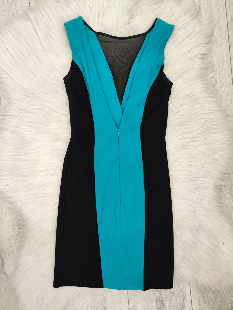 Czarno-turkusowa sukienka dopasowana, mini, elastyczna, rozmiar XS/S