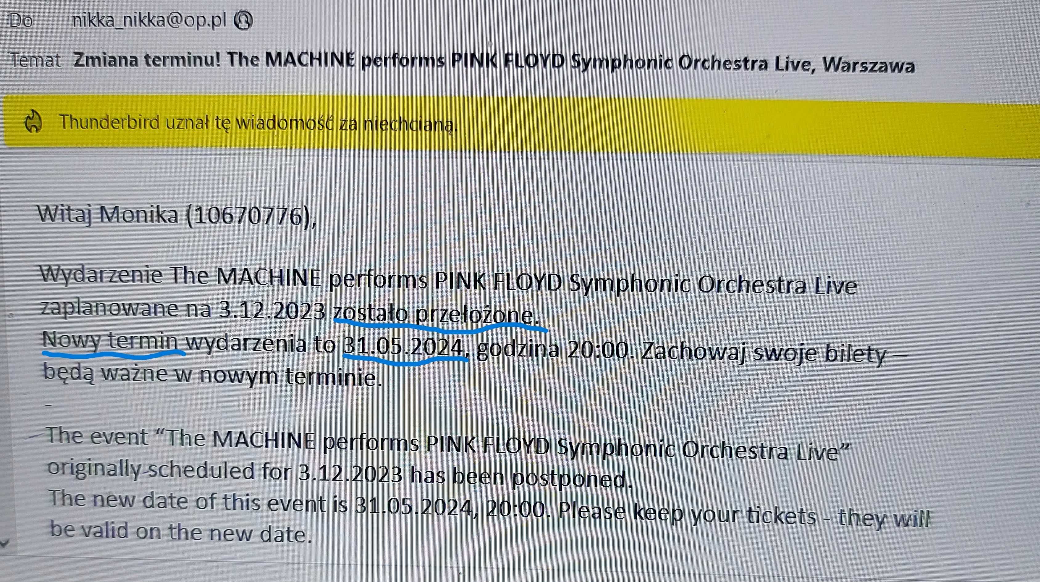 2x bilet (2x140 zł)na koncert performs Pink Floyd, Warszawa 31.05.2024