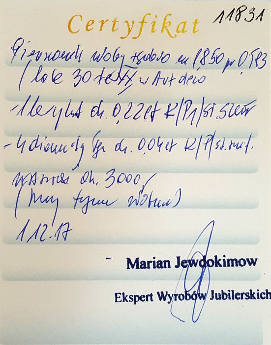 Złoty pierścionek art deco z lat 30-tych zdobiony brylantami