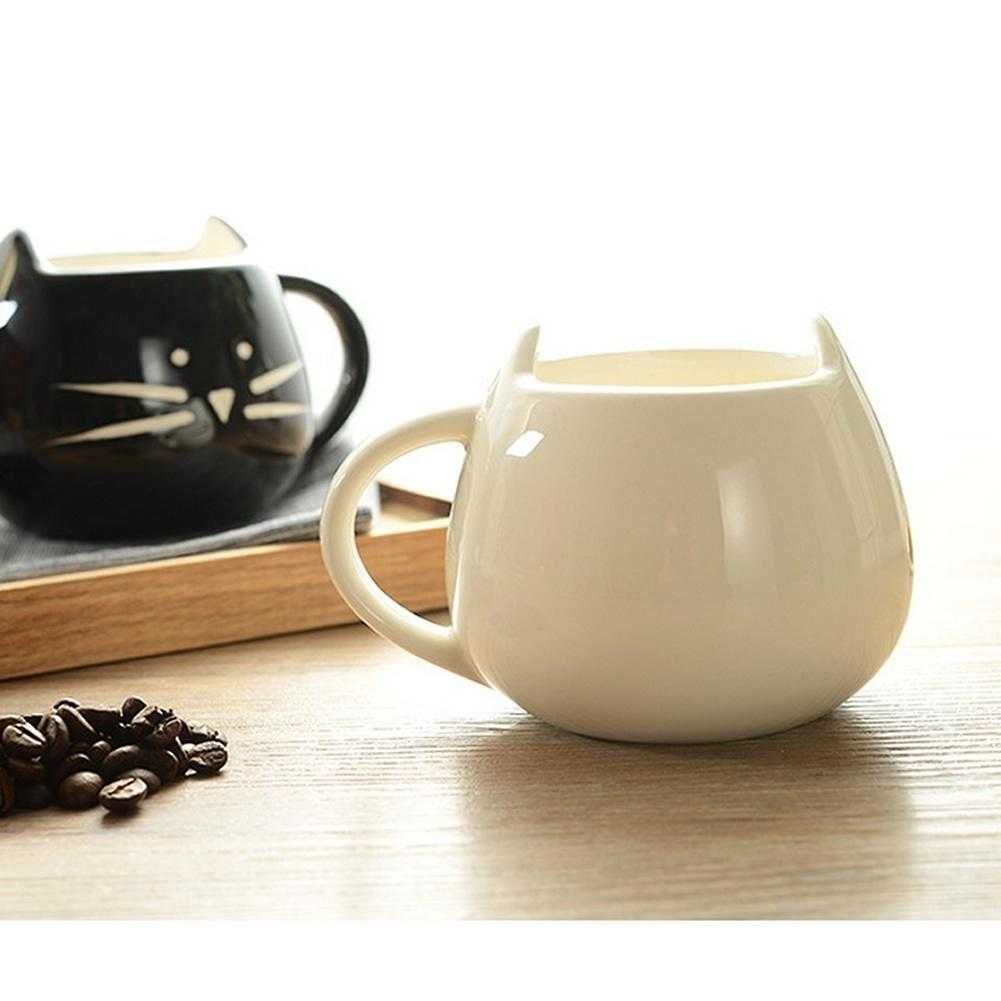 Керамическая кружка и ложка в форме котика - чёрная или белая