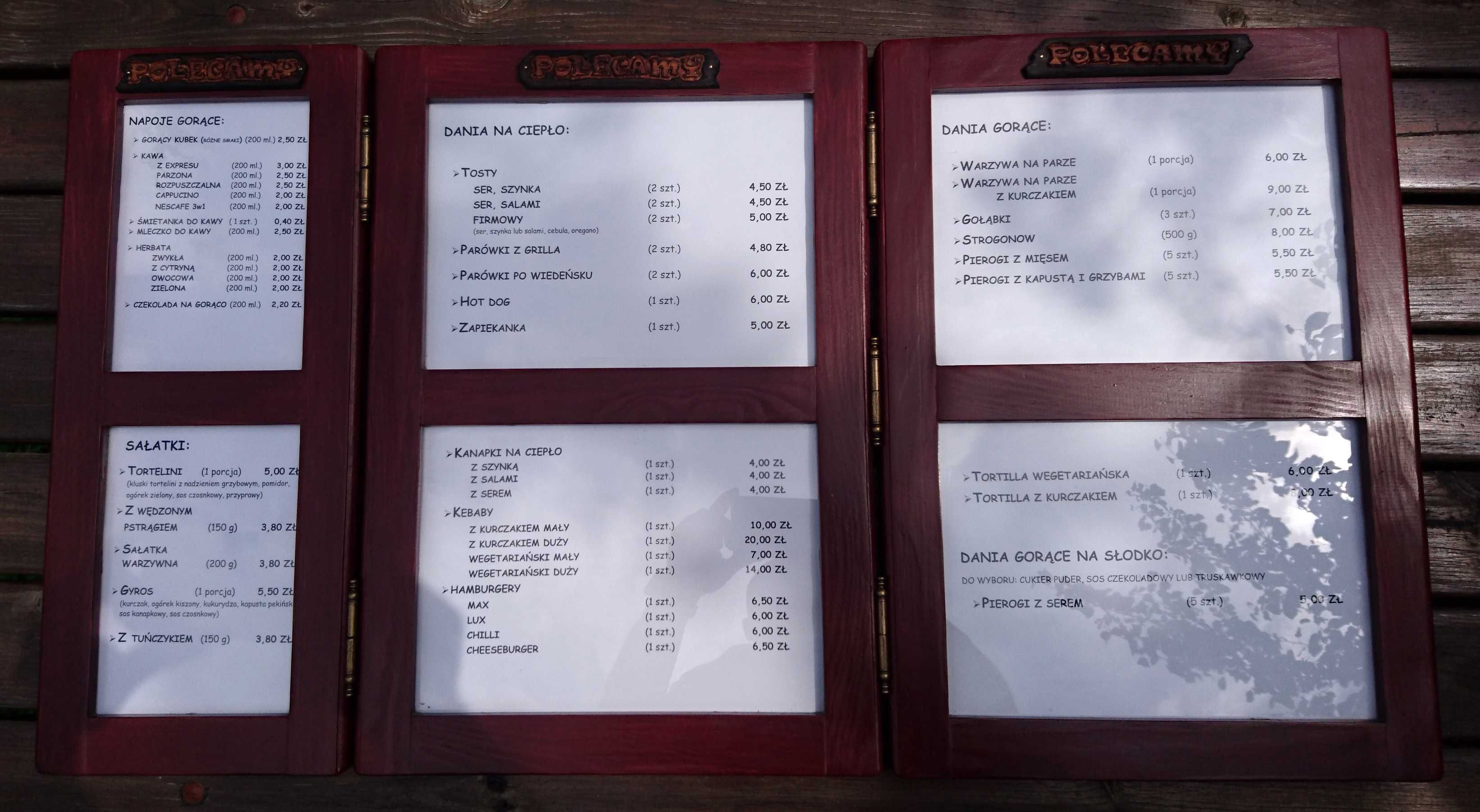 Menu, cennik, ramki wiszące, odchylane - trzy moduły - mahoń – okazja