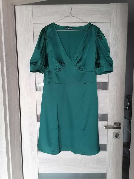 Nowa sukienka satynowa elegancka butelkowa zieleń 44 święta andrzejki