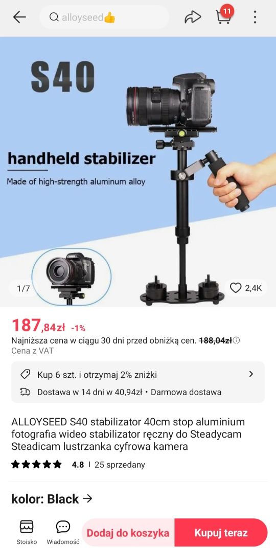 ALLOYSEED S40 stabilizator 40cm steadicam ręczny