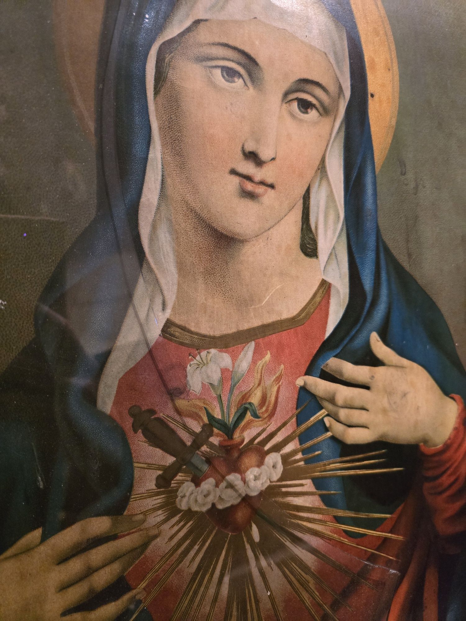 Stare oleodruki obrazy Serce Jezusa i Maryi - XIX wiek
